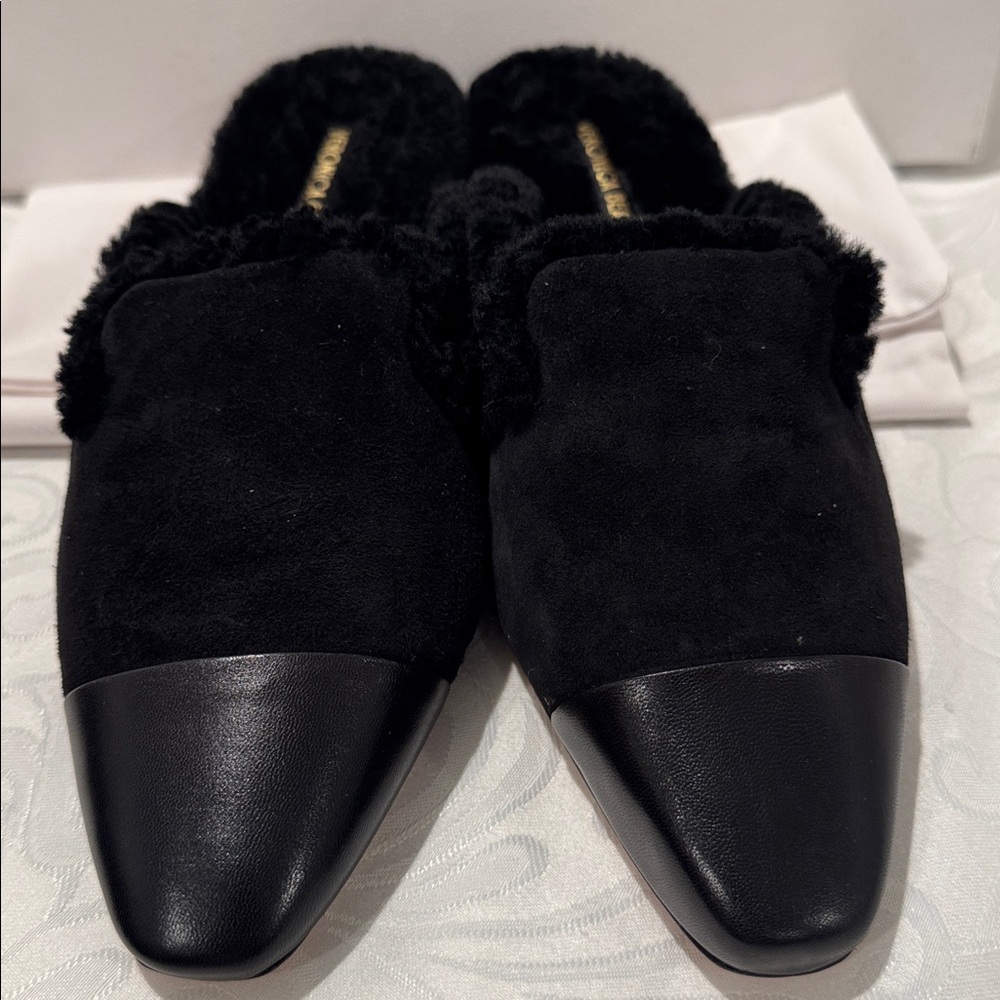 Veronica Beard Black Shearling-Trim Leather Cap-Toe Mules - Picture 8 of 15